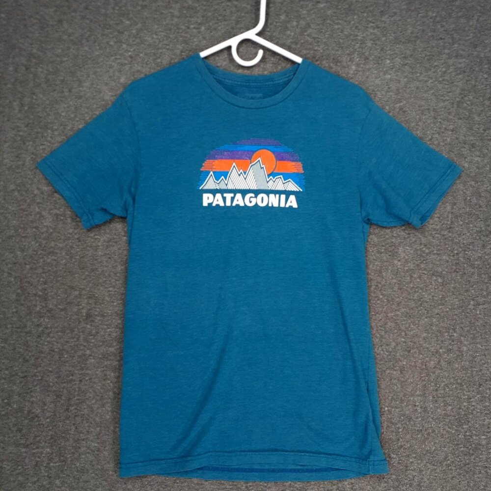 Men's Patagonia Teal Green Blue Tee Shirt Medium Slim Fit